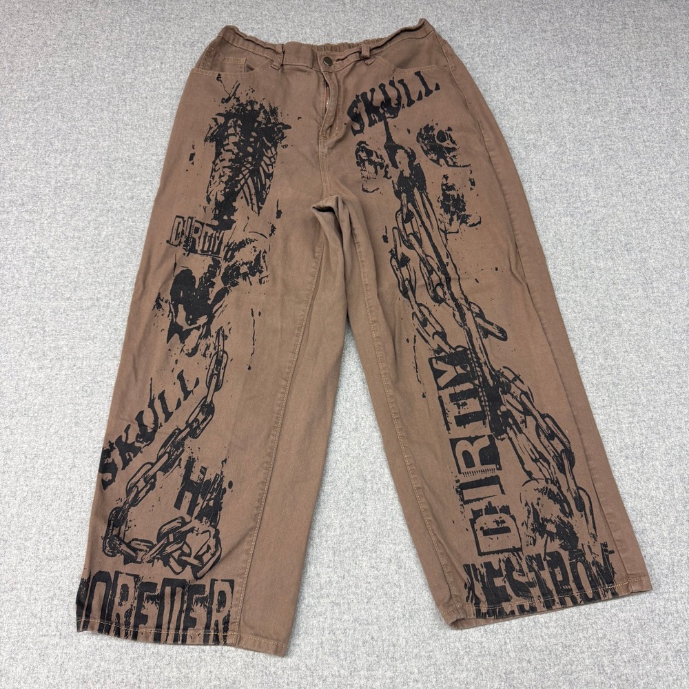 Romwe Skull Graphic Wide Leg Pants 1XL Brown Grunge Streetwear Cotton Trousers